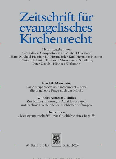 Titelbild der Ausgabe 1/2024 von Zeitschrift für evangelisches Kirchenrecht (ZevKR). Diese Zeitschrift und viele weitere Kunstmagazine und Kulturmagazine als Abo oder epaper bei United Kiosk online kaufen.