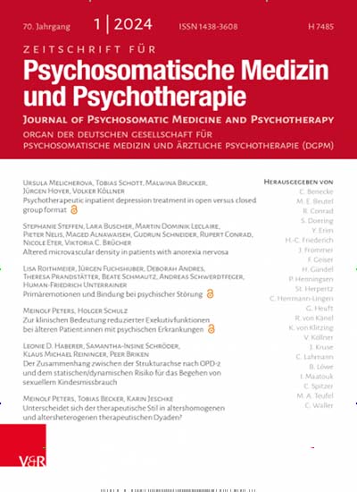 Titelbild der Ausgabe 1/2024 von Zeitschrift für Psychosomatische Medizin und Psychotherapie. Diese Zeitschrift und viele weitere Pflegezeitschriften und medizinische Fachzeitschriften als Abo oder epaper bei United Kiosk online kaufen.