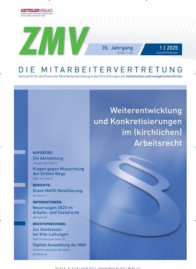 Titelbild der Ausgabe 1/2025 von ZMV - DIE MITARBEITERVERTRETUNG. Diese Zeitschrift und viele weitere Jurazeitschriften und Zeitschriften für Verwaltung als Abo oder epaper bei United Kiosk online kaufen.