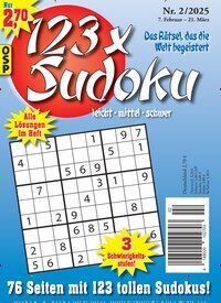 Titelbild der Ausgabe 2/2025 von 123 x Sudoku. Diese Zeitschrift und viele weitere Groschenromane und Rätselhefte als Abo oder epaper bei United Kiosk online kaufen.