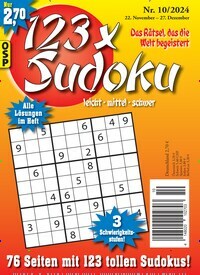 Titelbild der Ausgabe 10/2024 von 123 x Sudoku. Diese Zeitschrift und viele weitere Groschenromane und Rätselhefte als Abo oder epaper bei United Kiosk online kaufen.