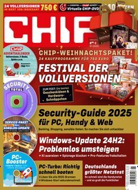 Titelbild der Ausgabe 1/2025 von Chip. Diese Zeitschrift und viele weitere Computerzeitschriften, Tabletmagazine und Smartphonemagazine als Abo oder epaper bei United Kiosk online kaufen.