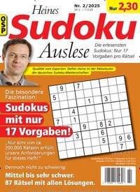 Titelbild der Ausgabe 2/2025 von Heines Sudoku Auslese. Diese Zeitschrift und viele weitere Groschenromane und Rätselhefte als Abo oder epaper bei United Kiosk online kaufen.