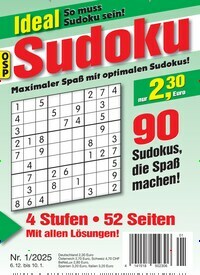 Titelbild der Ausgabe 1/2025 von Ideal Sudoku. Diese Zeitschrift und viele weitere Groschenromane und Rätselhefte als Abo oder epaper bei United Kiosk online kaufen.