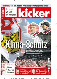 Titelbild der Ausgabe 61/2024 von kicker. Diese Zeitschrift und viele weitere Sportmagazine als Abo oder epaper bei United Kiosk online kaufen.