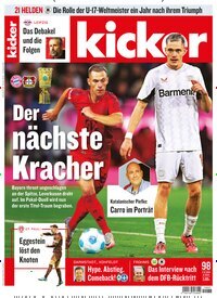 Titelbild der Ausgabe 98/2024 von kicker. Diese Zeitschrift und viele weitere Sportmagazine als Abo oder epaper bei United Kiosk online kaufen.