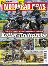 Titelbild der Ausgabe 8/2024 von Motorrad News. Diese Zeitschrift und viele weitere Automagazine und Motorradzeitschriften als Abo oder epaper bei United Kiosk online kaufen.
