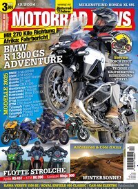 Titelbild der Ausgabe 12/2024 von Motorrad News. Diese Zeitschrift und viele weitere Automagazine und Motorradzeitschriften als Abo oder epaper bei United Kiosk online kaufen.