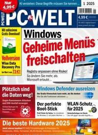 Titelbild der Ausgabe 1/2025 von PC Welt. Diese Zeitschrift und viele weitere Computerzeitschriften, Tabletmagazine und Smartphonemagazine als Abo oder epaper bei United Kiosk online kaufen.