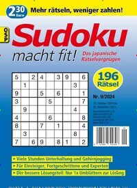 Titelbild der Ausgabe 9/2024 von Sudoku macht fit. Diese Zeitschrift und viele weitere Groschenromane und Rätselhefte als Abo oder epaper bei United Kiosk online kaufen.