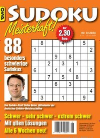 Titelbild der Ausgabe 8/2024 von Sudoku Meisterhaft. Diese Zeitschrift und viele weitere Groschenromane und Rätselhefte als Abo oder epaper bei United Kiosk online kaufen.