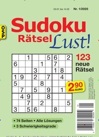 Titelbild der Ausgabe 1/2025 von Sudoku Rätsel Lust. Diese Zeitschrift und viele weitere Groschenromane und Rätselhefte als Abo oder epaper bei United Kiosk online kaufen.