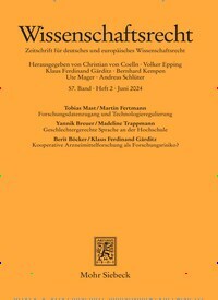 Titelbild der Ausgabe 2/2024 von Wissenschaftsrecht (WissR). Diese Zeitschrift und viele weitere Jurazeitschriften und Zeitschriften für Verwaltung als Abo oder epaper bei United Kiosk online kaufen.